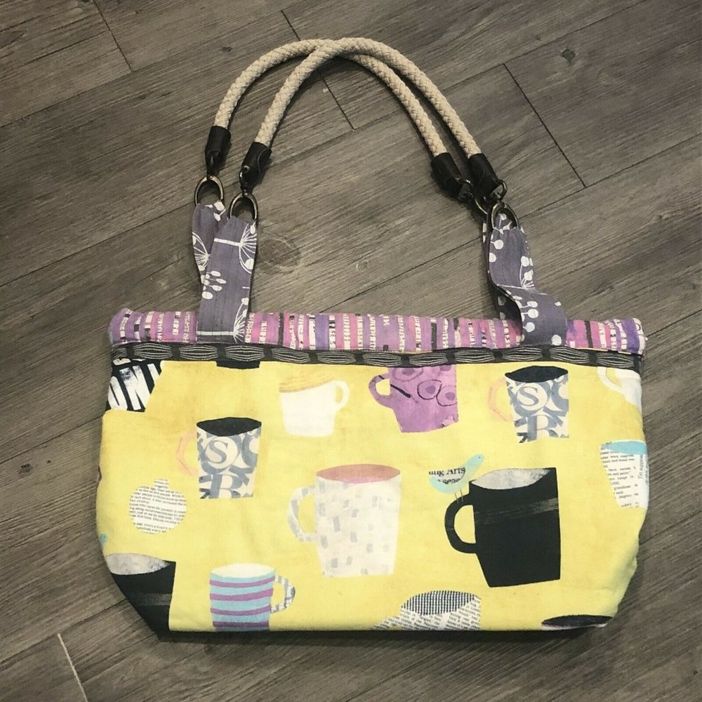 Large Handmade Pastel Cup Bird Pattern Cloth Purse Sewing Craft Bag Metal Rod